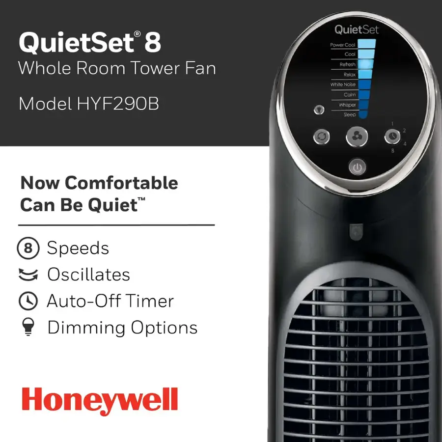 Honeywell QuietSet Oscillating Whole Room Tower Fan - Black