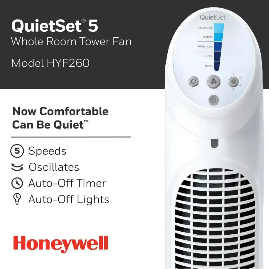 Honeywell HYF260W QuietSet 5-Speed Oscillating Tower Fan - White